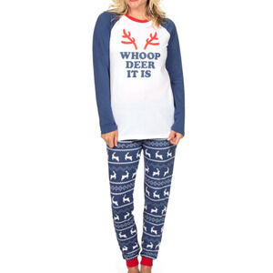 Tipsy Elves Women's Whoop Deer It Is Pajama Set in Blue, Size XL​​​​​